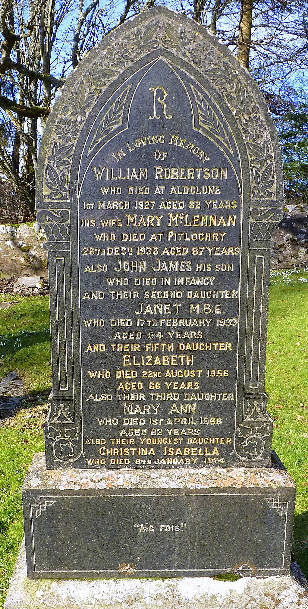 Photo of headstones/Mary McLennan died 1936 MI Blair Athol